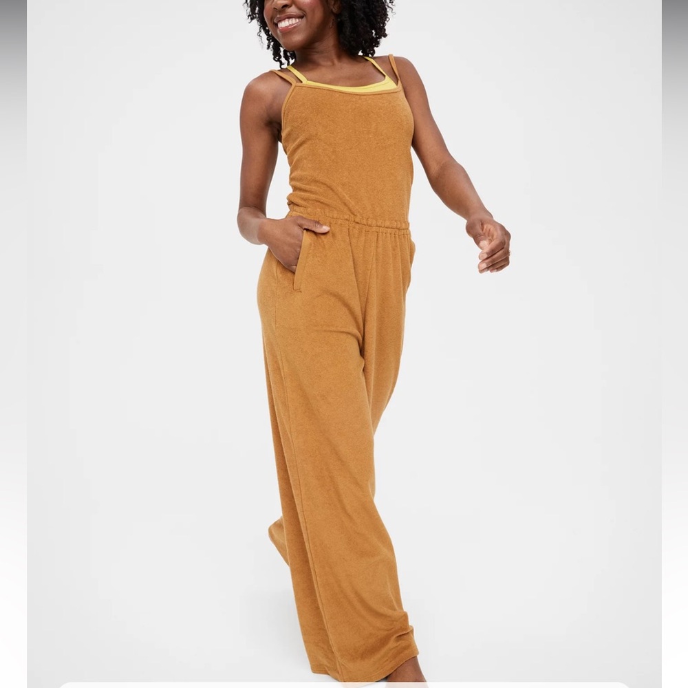 Aerie OFFLINE Terrycloth Wide Leg Jumpsuit in Golden Brown, Size S - Picture 1 of 15